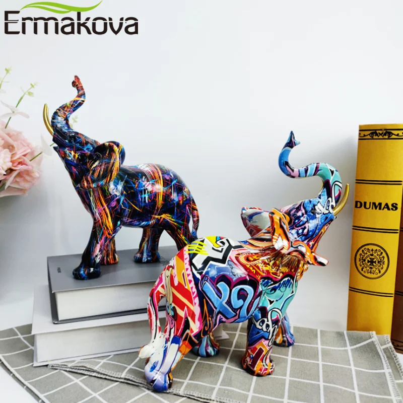 ERMAKOVA Nordic Painting Graffiti Elephant Sculpture Figurine Art Elephant Statue Creative Resin Crafts Home Decoration