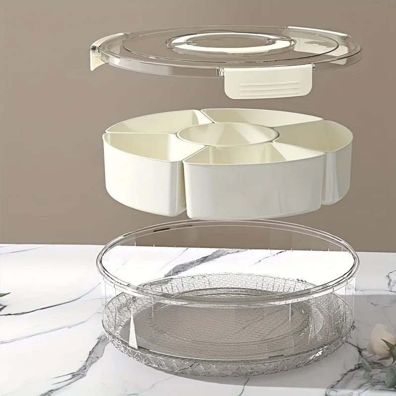 1pc 360° Rotating Snack Organizer with 6 Compartments,Leakproof Lid,Ergonomic Handle, Space-Saving Design for Fruits/Nuts/Candy