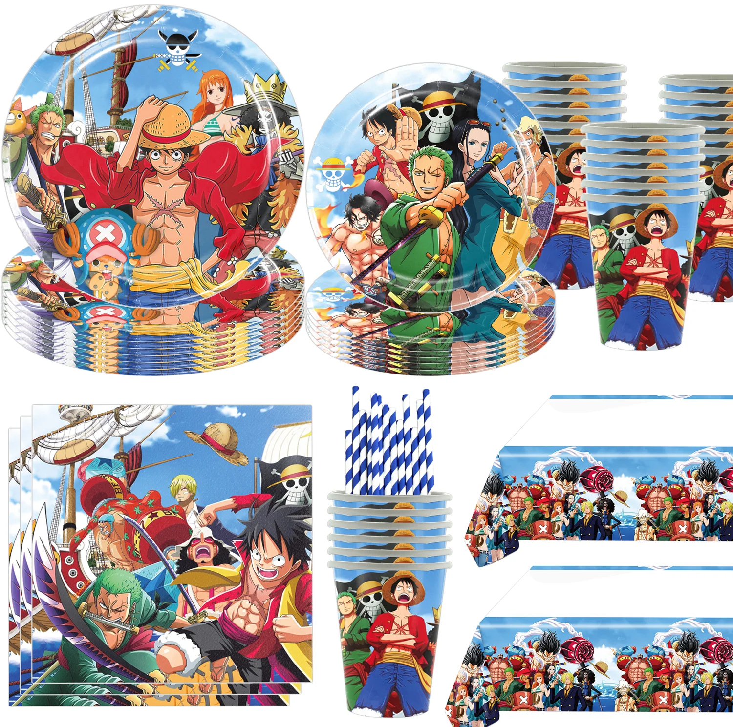 ONE PIECE Themen-Geburtstagsparty-Dekorationsset Luffy Ballons Teller Becher Tischdecke Geschenktüte Banner Babyparty-Zubehör Jungengeschenk