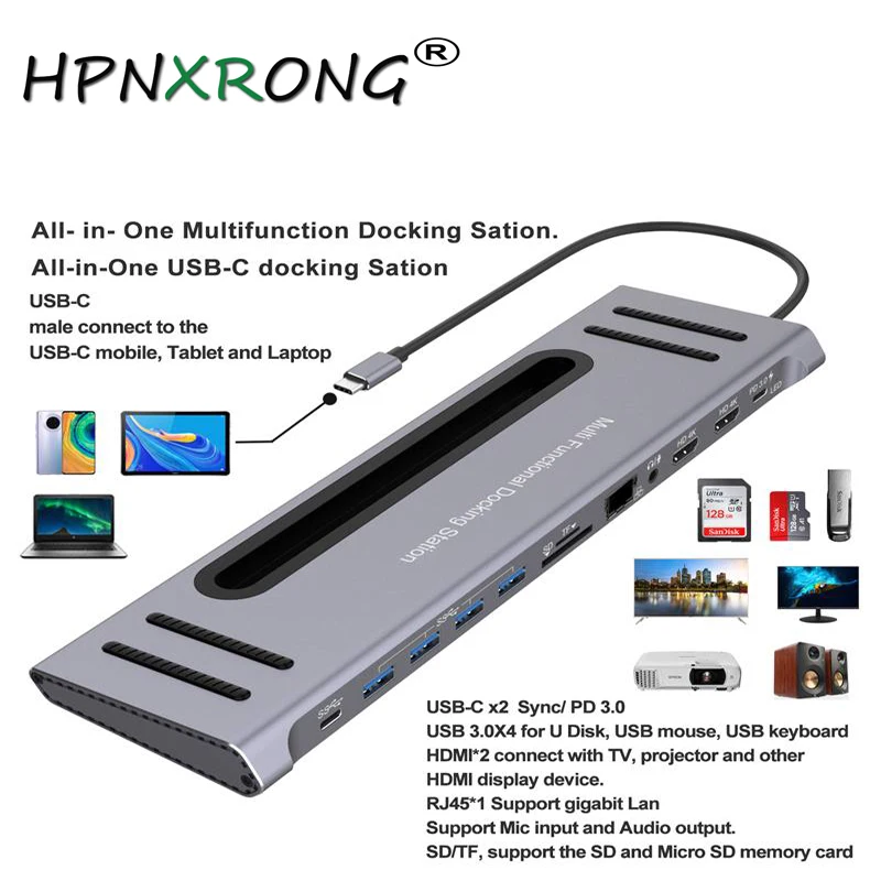 Концентратор типа C 12 в 1 Thunderbolt 3 с портом USB для передачи данных 87 Вт PD 4K HDMI слоты