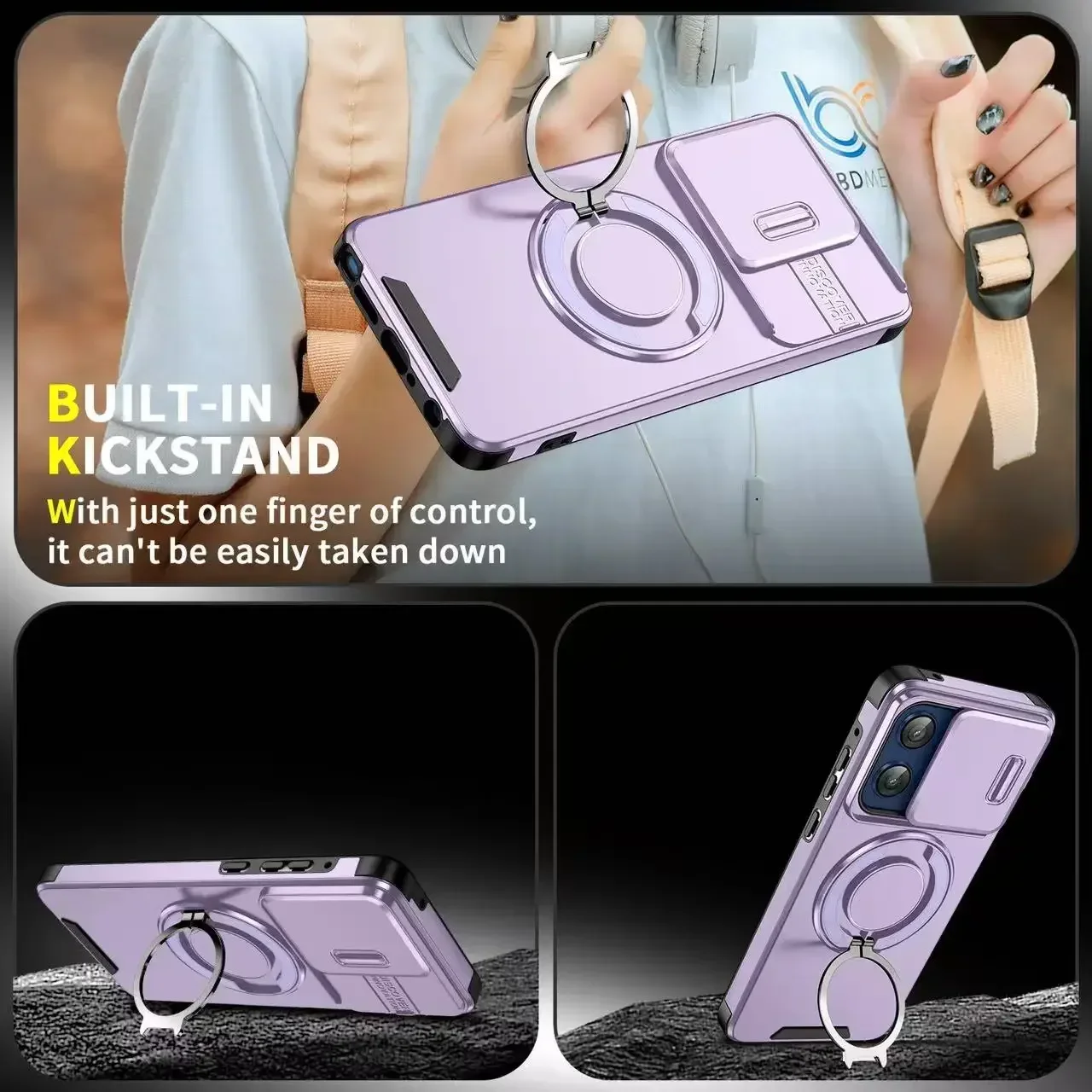 Heavy Duty Armor Magnetic Ring Holder Case with Slide Lens Protector