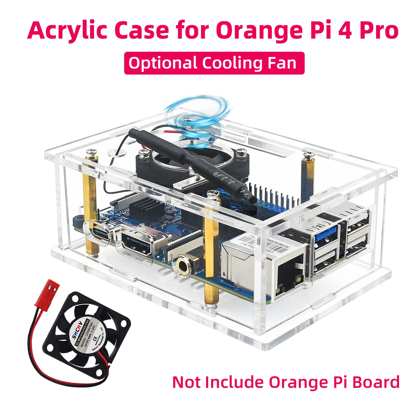 حافظة أكريليك لـ Orange Pi 4 Pro، غلاف شفاف مع مروحة تبريد اختيارية ومشتت حراري من الألومنيوم لـ OPI 4 Pro