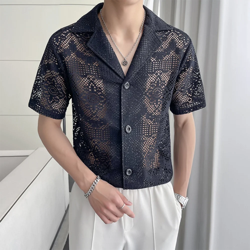 

Mens Sexy Hollow See-Through Lace Casual Shirt Genderless Fashion Versatile Personalized Breathable Short-Sleeved Top Unisex