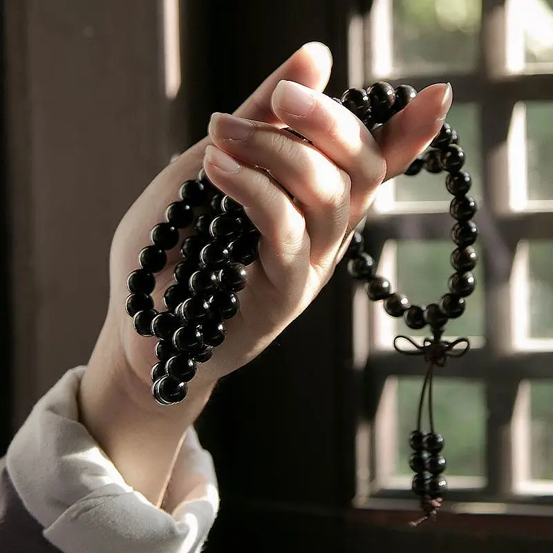 UMQ Authentic Natural Ebony Buddha Beads Bracelet 108Pcs Monk Chanted Sutras Couple Handmade Old Material 2.0 Hand String Rosary