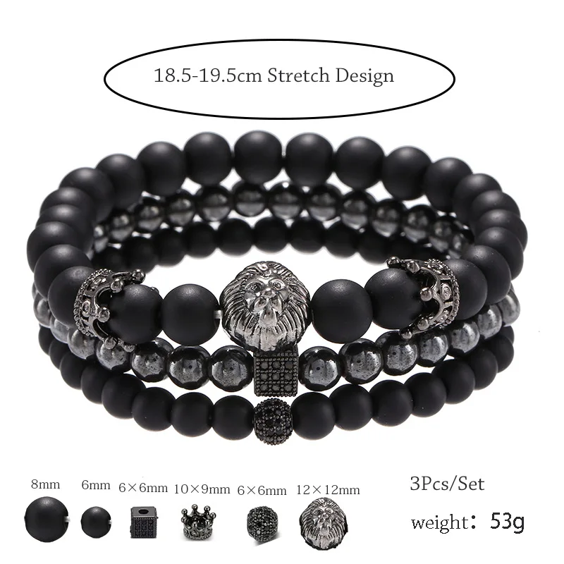 Retro Bla Matte Dice Lion Beads Bracelet Set Men's Faion Jewelry Cross-Border New Sle Handmade Beaded Wrisand