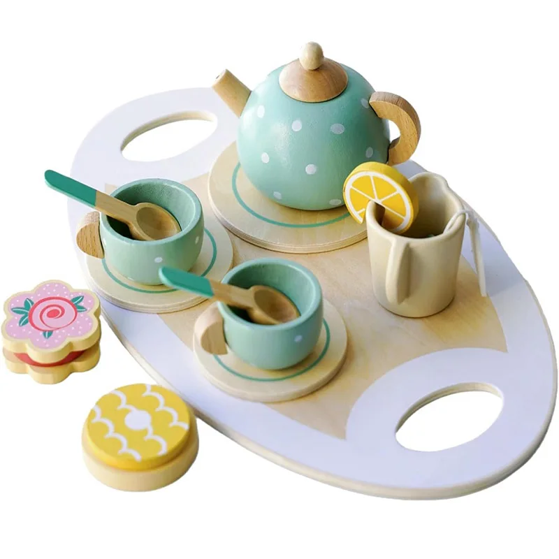Wooden tea set toy little girls toddler play kitchen accessories kids pretend play food party toys