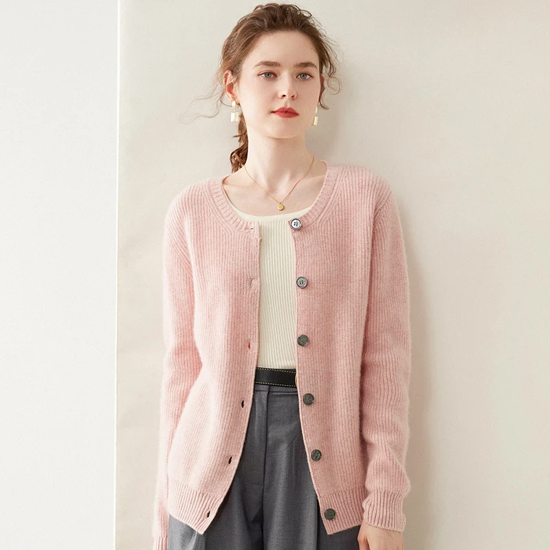 

2023 Autumn and Winter 100 Pure Cashmere Sweater Cardigan Round Neck New Loose Sweater Coat Fashion Blouse Women's Clothing