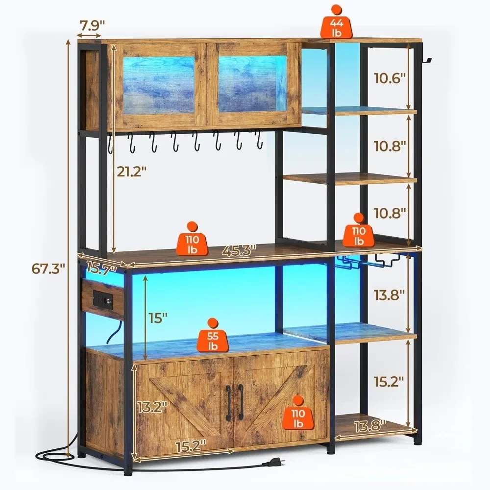 Itaar Bakers Rack with Power Outlet and LED Light, 45.3 Inch Farmhouse Coffee Bar Cabinet, Kitchen Microwave Stand with Storage 2