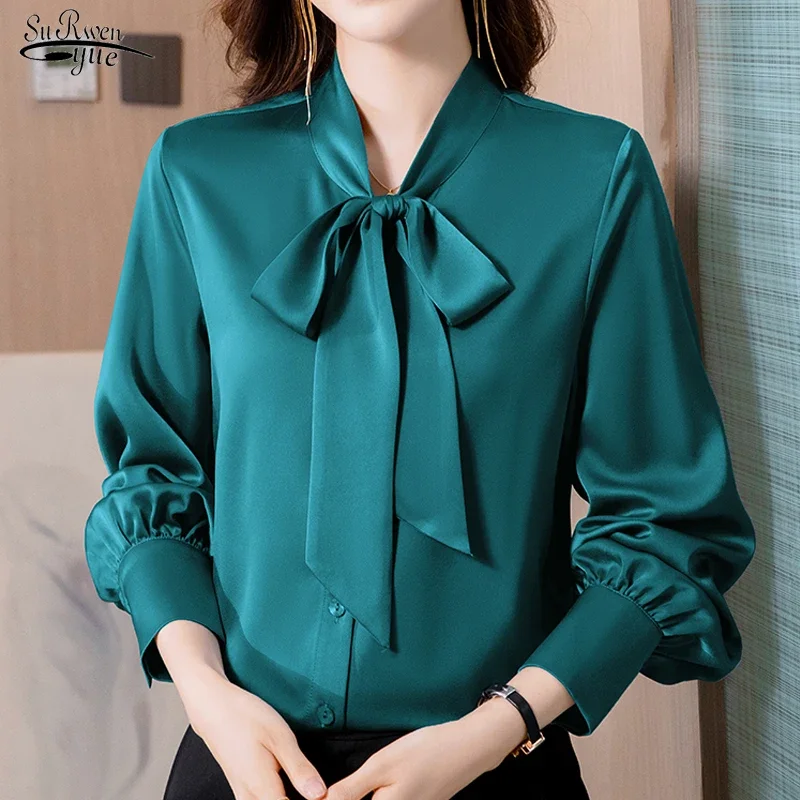 

Новая Элегантная шифоновая блузка, женские офисные рубашки, женские топы, прямая женская одежда с бантом и длинным пышным рукавом, блузы 20385