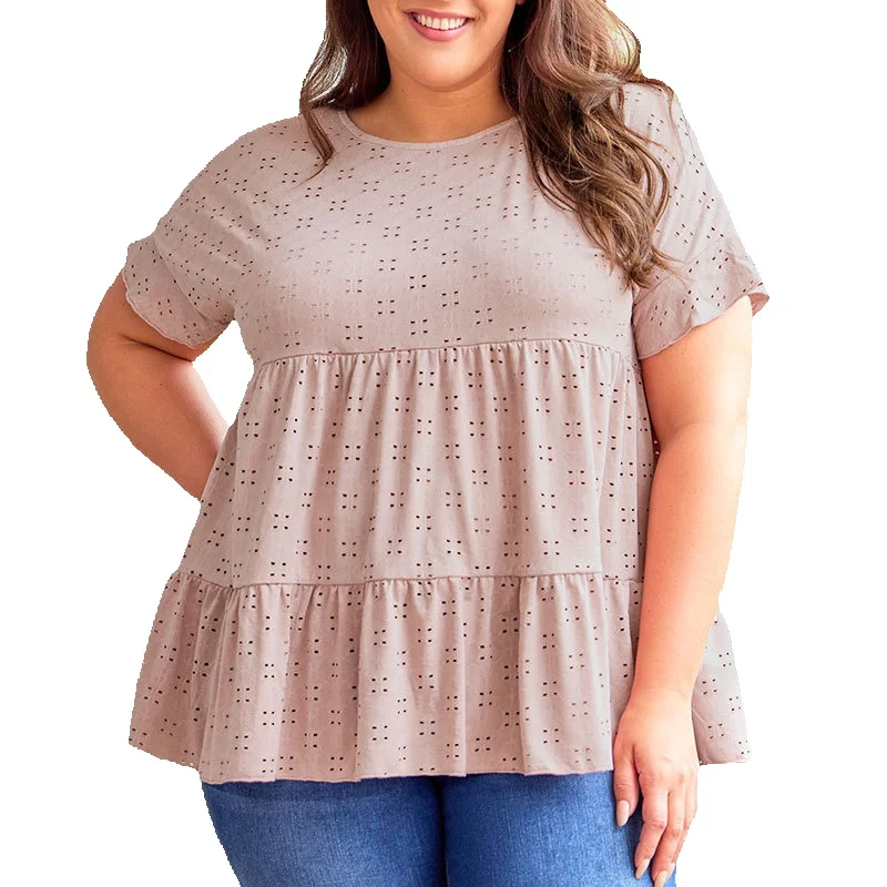 

Loose Casual Ruffle Edge Doll Top For Women's Summer New Solid Color Eyelet T-Shirt Clothing
