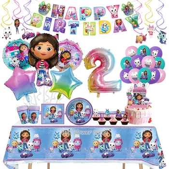 Gabby Dollhouse Birthday Party Decoration Toy Latex Balloon Disposable Tableware Backdrop Banner Event Supplies For Kids Girl 1
