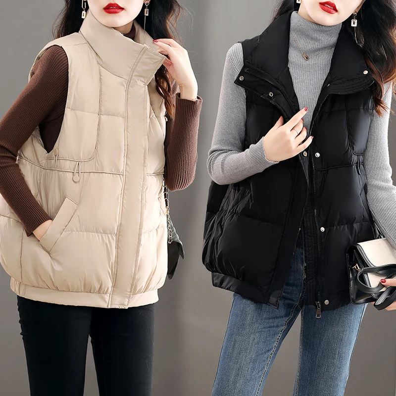 Plain color fabric clothing 2023 autumn and winter new version trendy plus size 90 white goose short style down vest simple_voghion.com