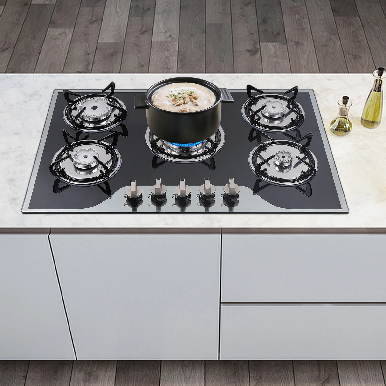 LPG/NG Gas COOKTOP with Built-in 5Burner, Stove Hob Cooktop, Tempered Glass