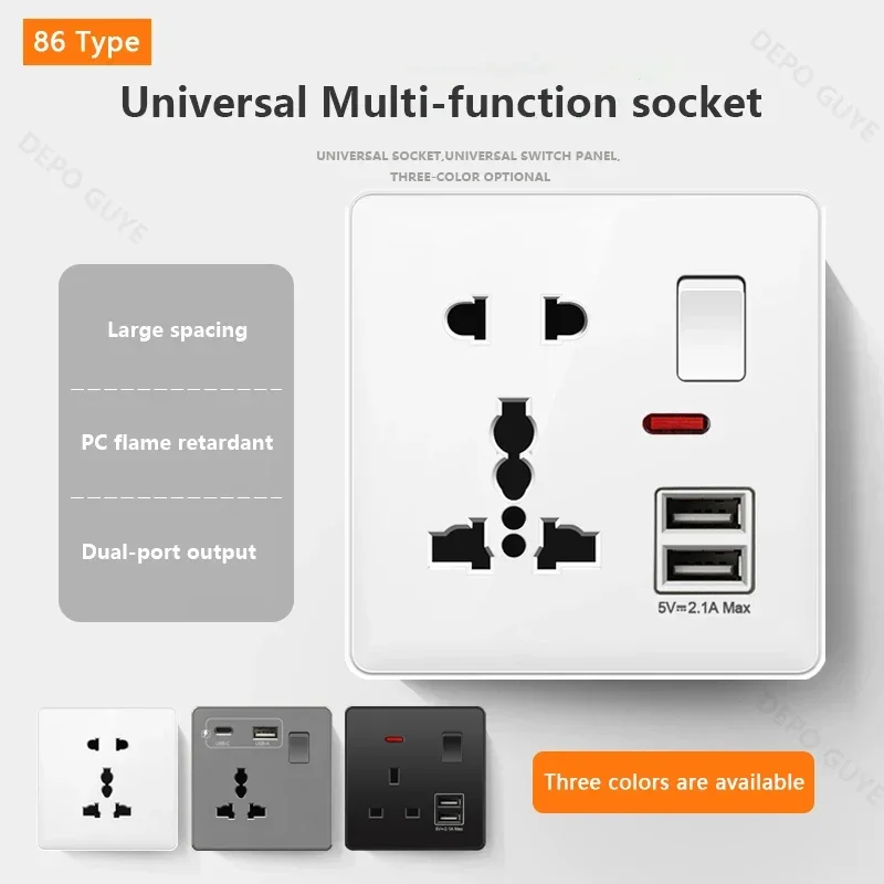 Universal 5-pin Dual USB ชาร์จซ็อกเก็ตสีขาวสมาร์ท 18W Fast CHARGING Type C ปลั๊กปลั๊ก,UK Wall ซ็อกเก็ตไฟฟ้า 220V 1