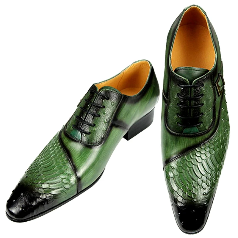 Men Oxford Shoes British Carved Fashion Dress Leather Shoes Pointed Trendy Lace-up Green Black Formal Men