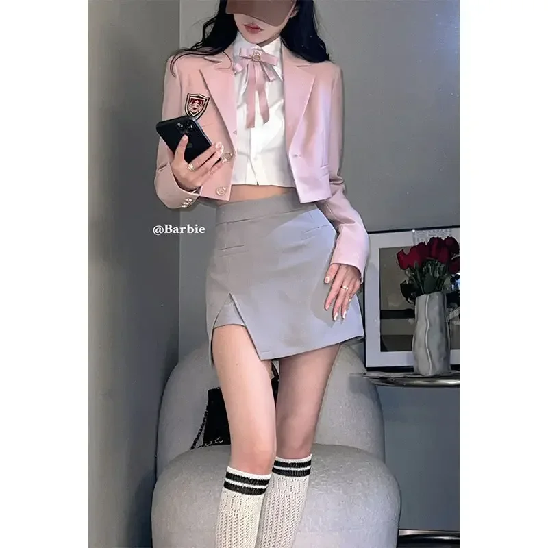 Spring Sexy High Street Pink Office Jk Uniform Top Blouse Gray Skirt 3pcs Y2K Women's Clothing Korean Fashion Seifuku Uniform
