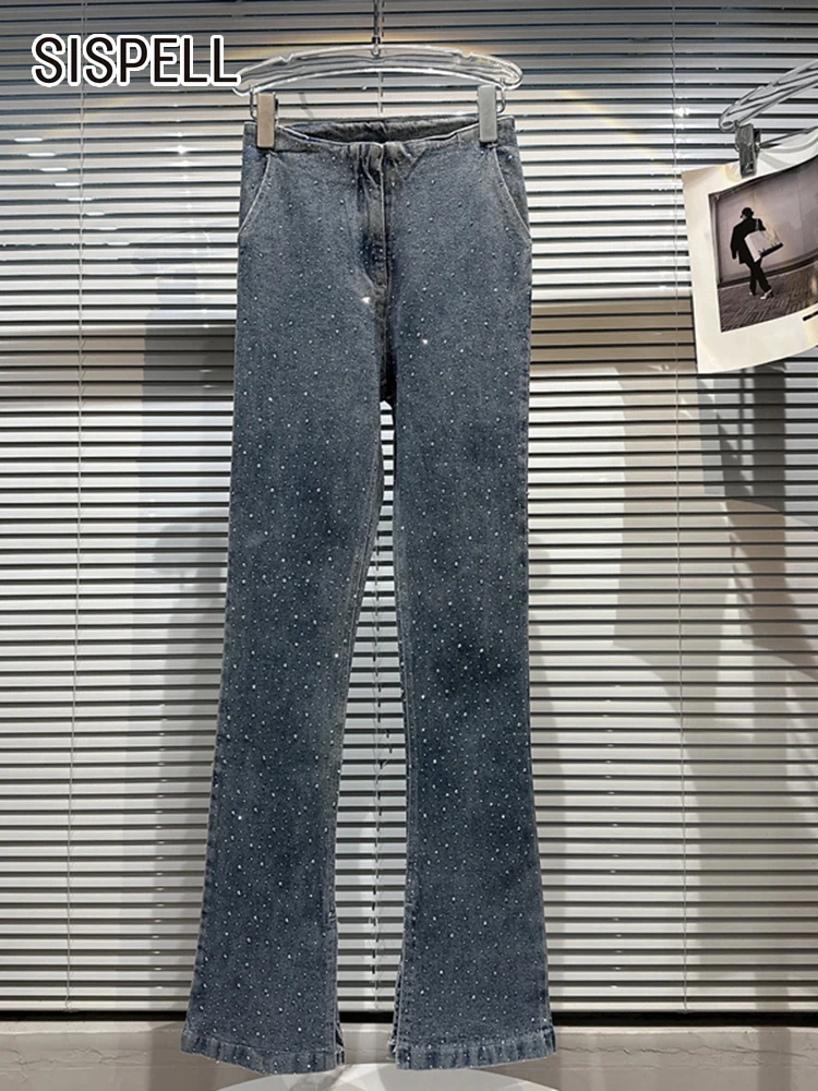 

SISPELL Split Solid Denim Flare Pants For Women High Wiast Patchwork Diamonds Slim Long Trousers Female Spring 2023 Clothing New