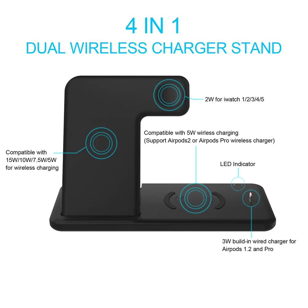 4 in 1 15W Fast Wireless Charger Dock Station For iPhone 15 14 13 12 11 XS XR X 8 Apple Watch 8 7 6 5 4 3 AirPods 3 Pro Chargers