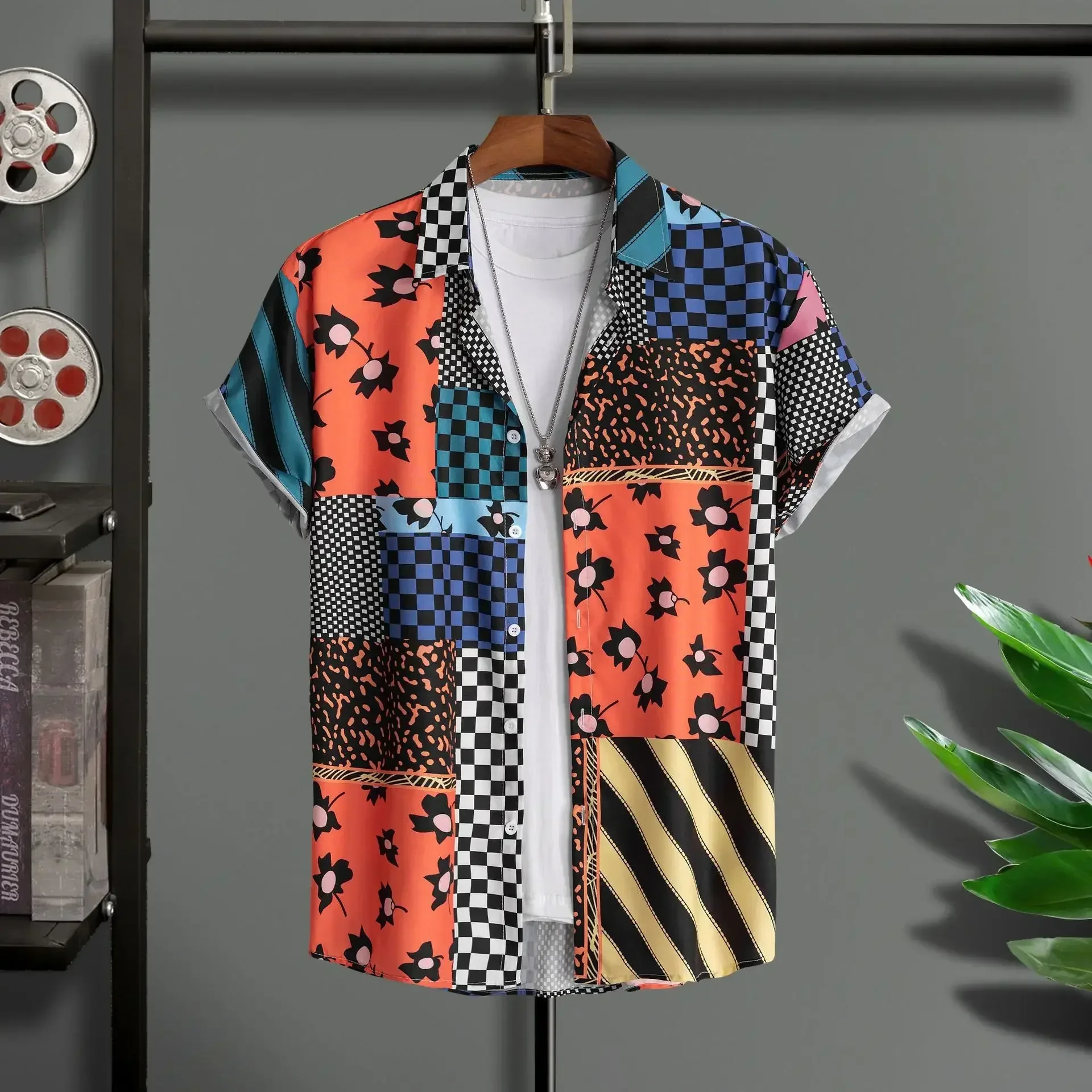 2025 Hawaiian Shirt Men Fashion Flower Geometric Printed Blouse Single-breasted Beach Short SleeveTops Men's Holiday Clothing 2