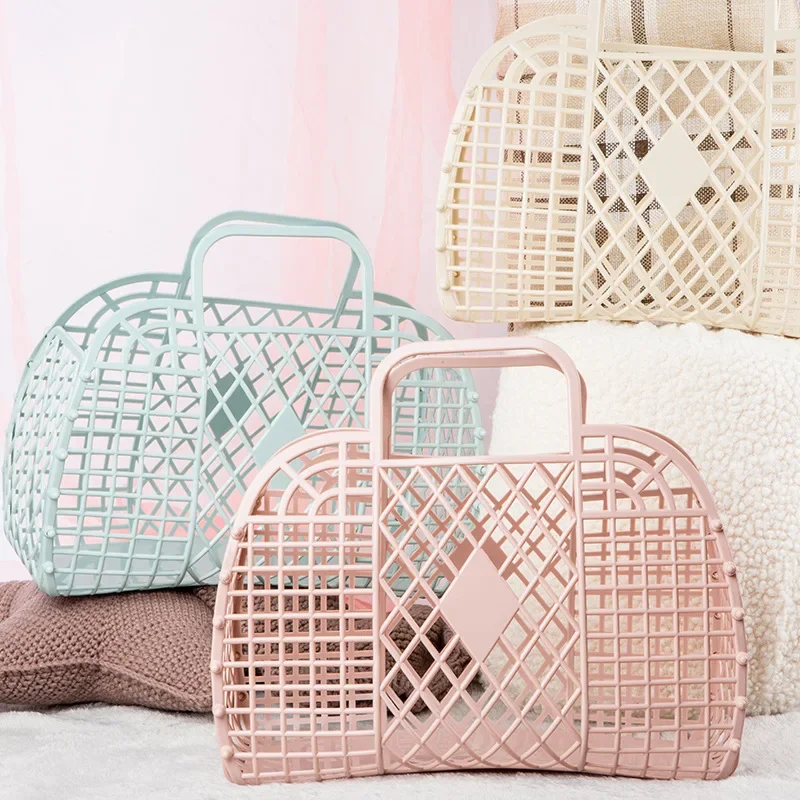 1Pc Large-capacity Bag Hollow Jelly Beach Holiday Portable Tote Reusable Easy To Clean Plastic Bath Basket Toys Storage Basket 4