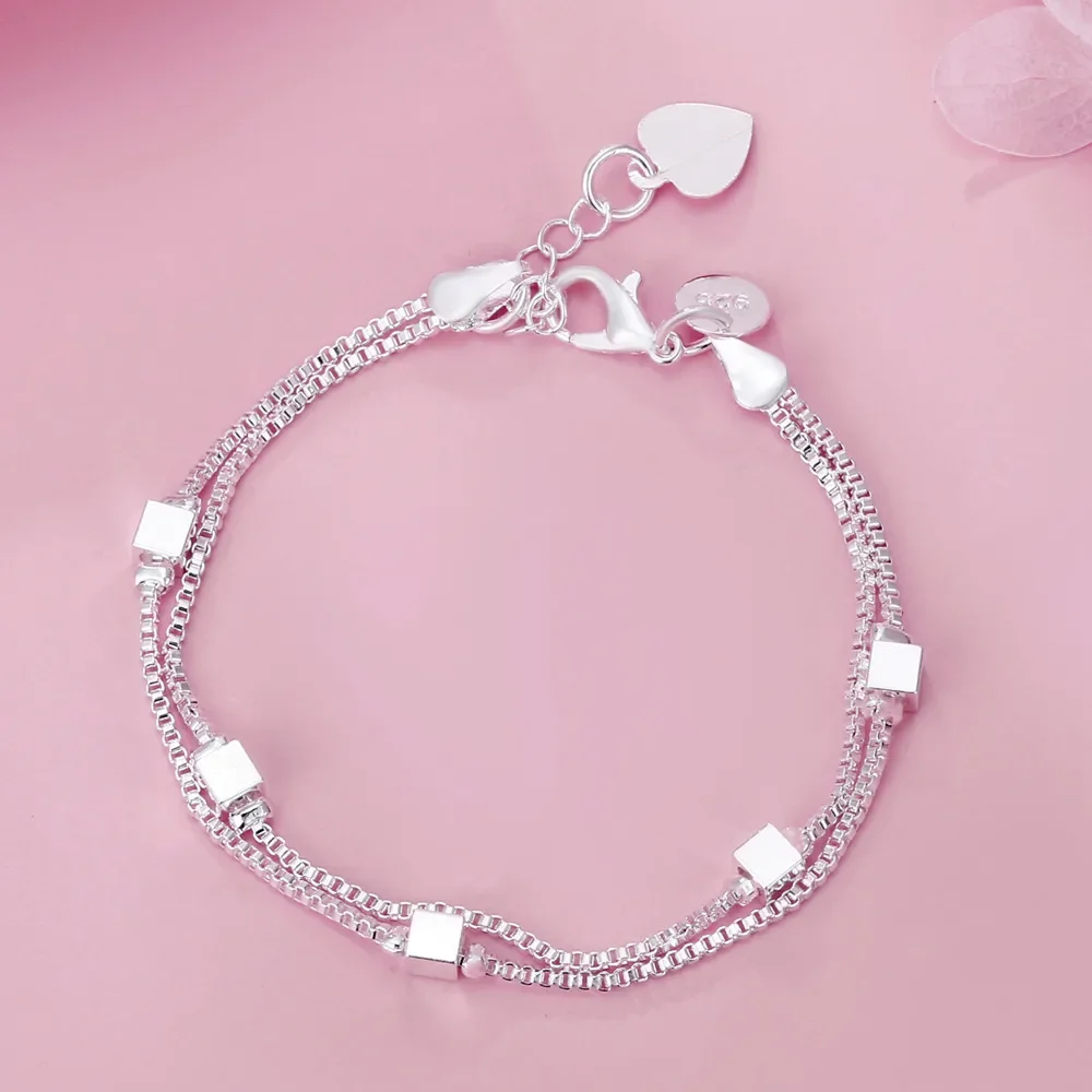 

Hot 925 Sterling Silver Cute Lucky Square Box Chain Bracelets For Women Fashion Party Wedding Engagement Jewelry Christmas Gifts