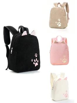 1pcs Cute Kitten Paw Embroidery Corduroy Children Backpack Suitable for Girls Boys Kindergarten School Holiday Gift 1