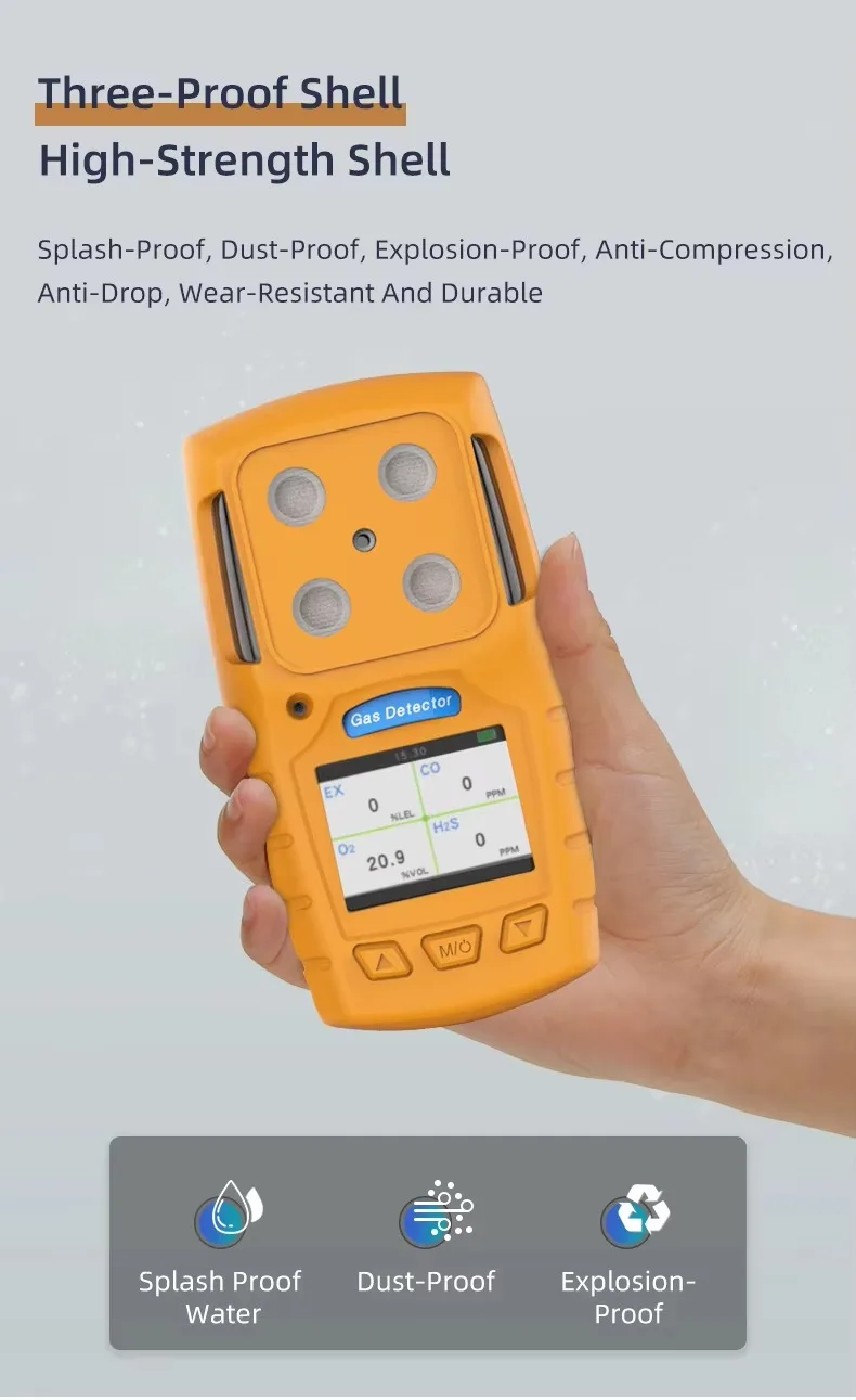 산업용 휴대형 다기능 가스 감지기 (CO, H2S, O2) IP64 방수 기능 탑재