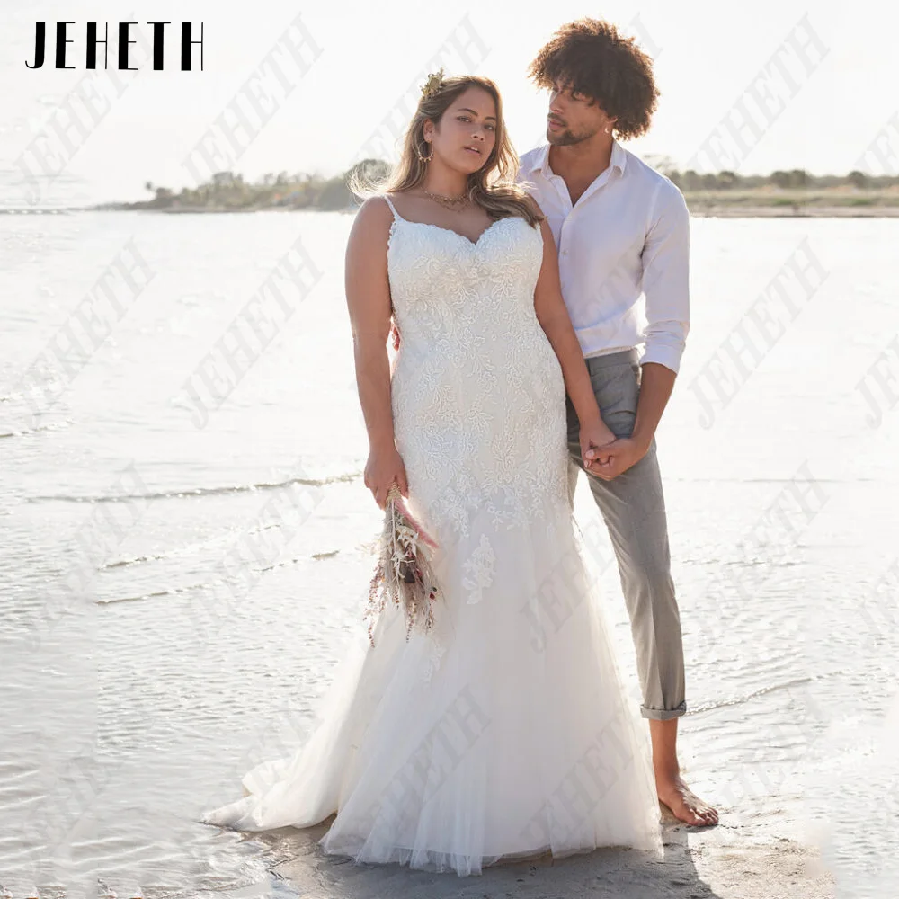 

JEHETH Exquisite Wedding Dresses Spaghetti Straps V-Neck Sleeveless Bride Gowns Mermaid Applique Plus Size vestidos de novia