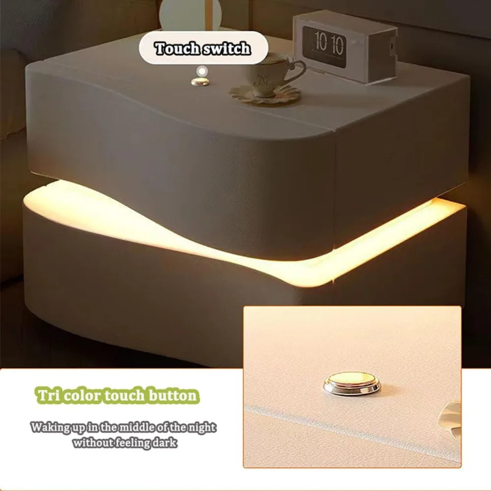 Leather Night Stand with LED Light Strip, Solid Wood Nightstand with 2/3 Drawer, Modern Bedroom Bedside Table (2 Drawers, White) 4