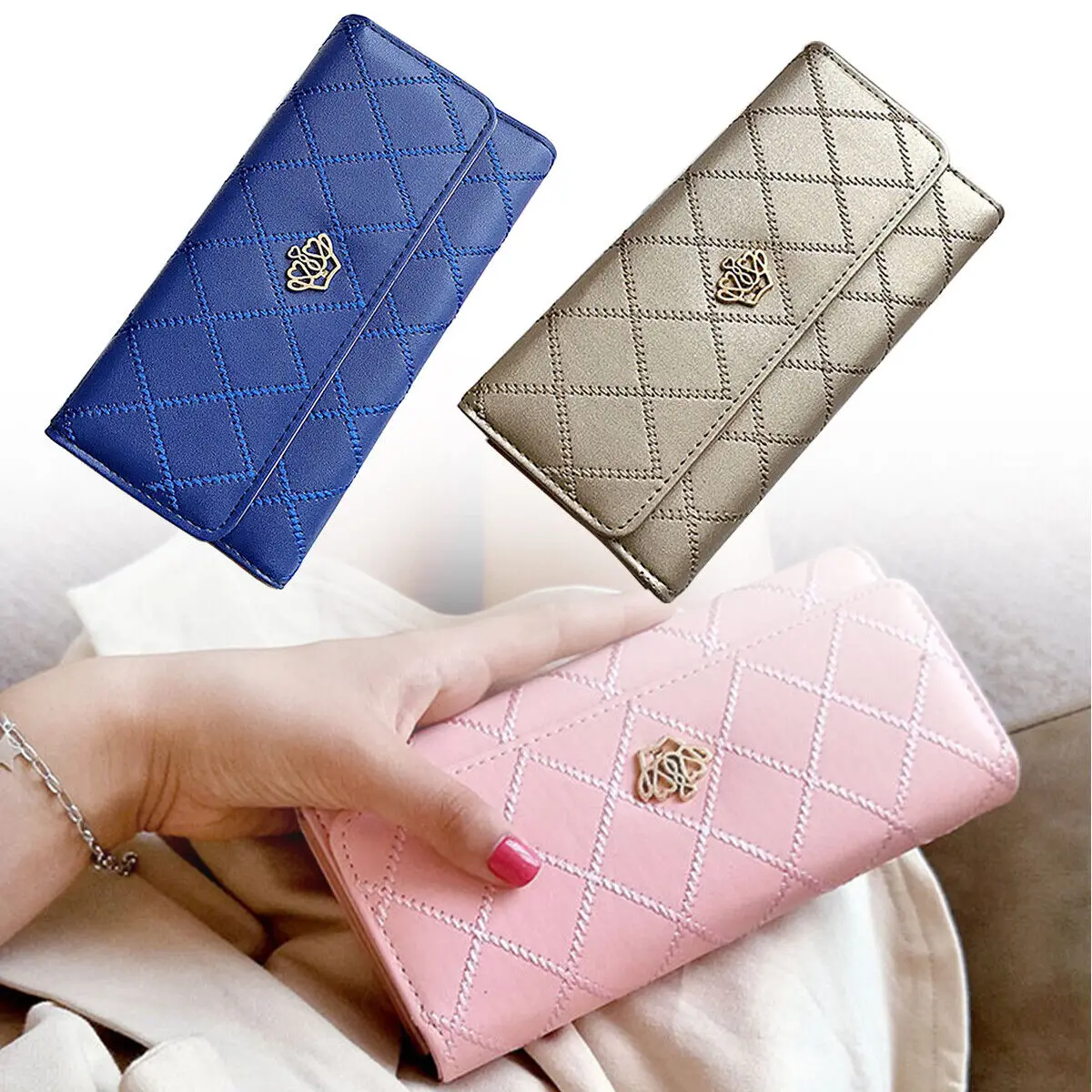 

Women Pu Leather Long Wallet With Diamond Pattern Fashion Coin Purse Card Holder Multi-Slot Crown Buckle Ladies Phone Bag New