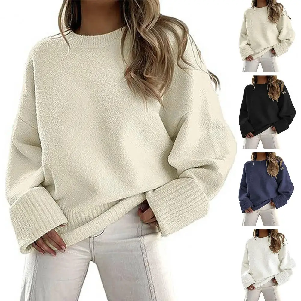 

Long Sleeve Pullover Sweater Cozy Streetwear Loose Fit Knitting Sweater with Ribbed Trim for Women for Autumn Winter Long Sleeve