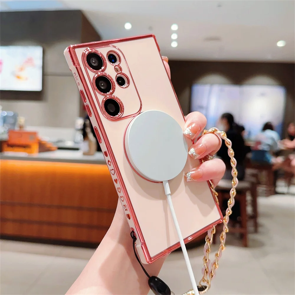 Luxury Love Heart Plating Magnetic Phone Case For Samsung Galaxy S23 S22 S21 Ultra Plus Crossbody Bracelet Bag Bumper Soft Cover- S5019fd8ca9394e178f8035a3d337581fb