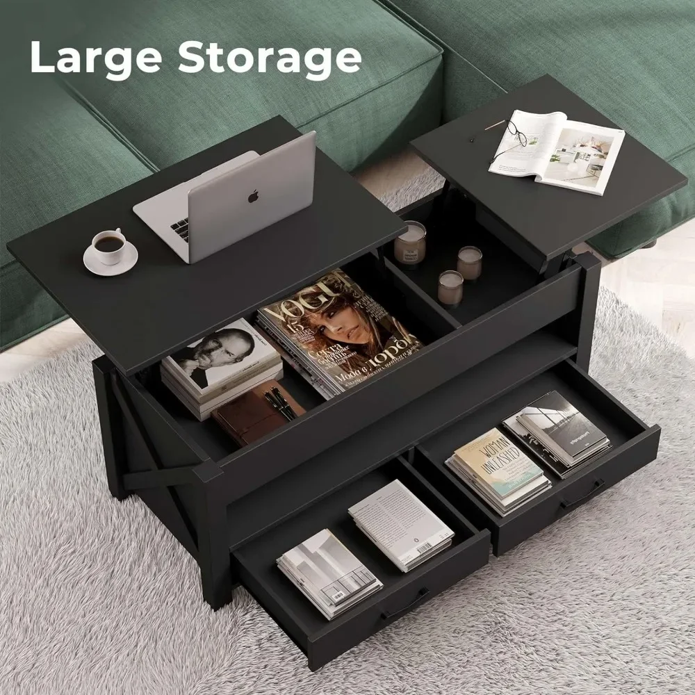 47.2-inch pop-up coffee table with 2 storage drawers and hidden compartments, vintage center table