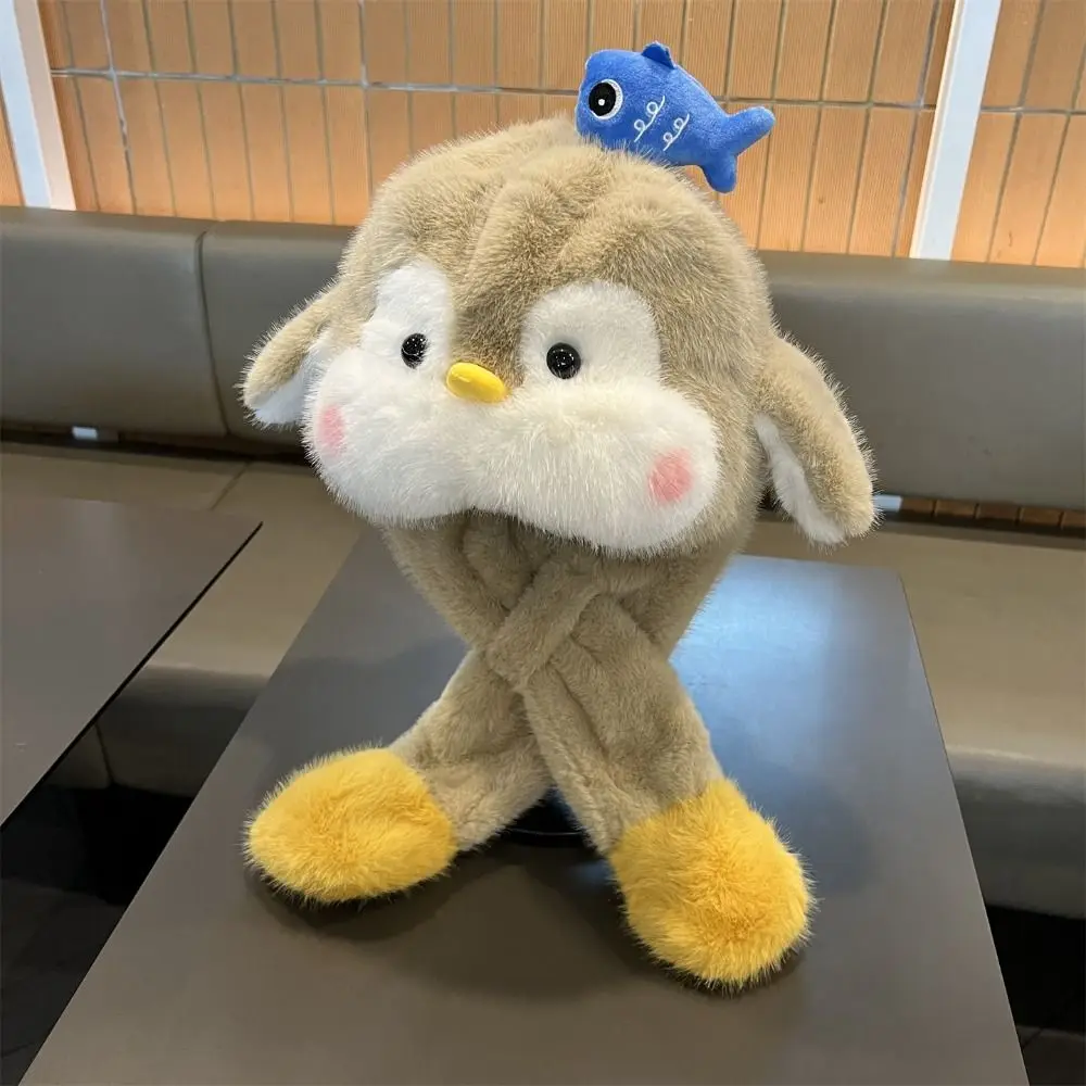 Cute Fluffy Ear Protection Cap Solid Color Windproof Children Pullover Cap Warm Fleece Lined Cartoon Penguin Hat Outdoor Sport