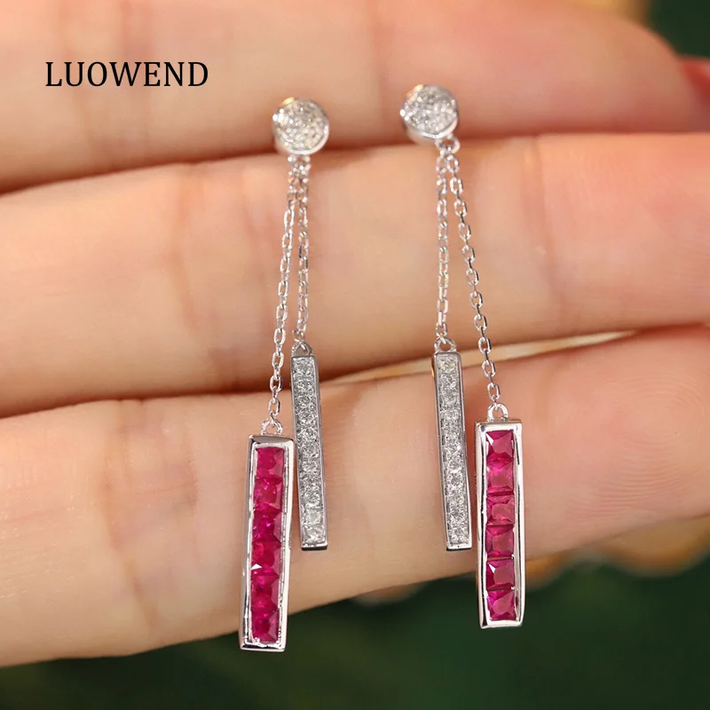 

LUOWEND 18K White Gold Earrings Romantic Tassels Drop Earrings Real Diamond Natural Ruby Earrings for Women High Wedding Jewelry