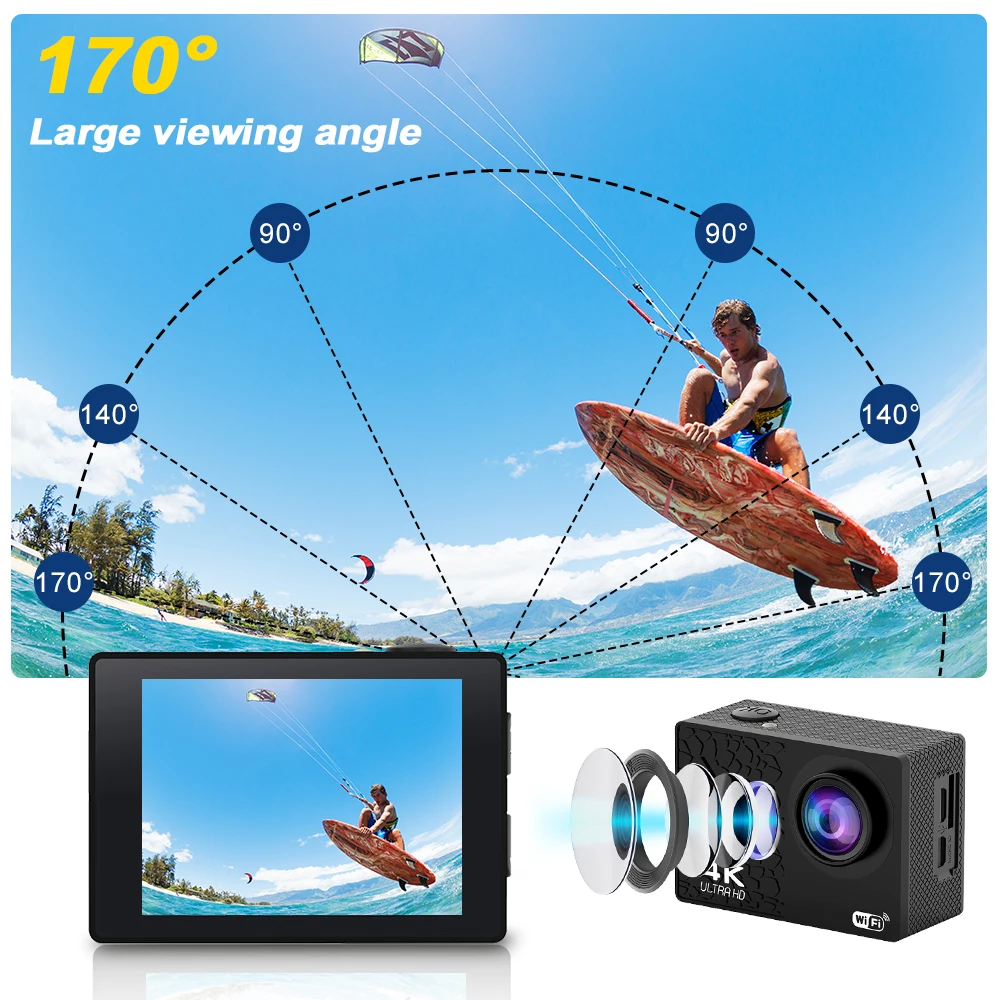 4K/30fps Ultra HD Action Camera WiFi 2.0-inch Waterproof Helmet Video Recording Camera Sports Camera Outdoor Mini Portable Cam 4