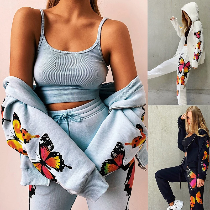 

2023 Brand New Women 2 Pieces Set Butterfly Print Y2K Streetwear Hooded Loose Long Sleeve Tops Zipper Sweatpants Casual