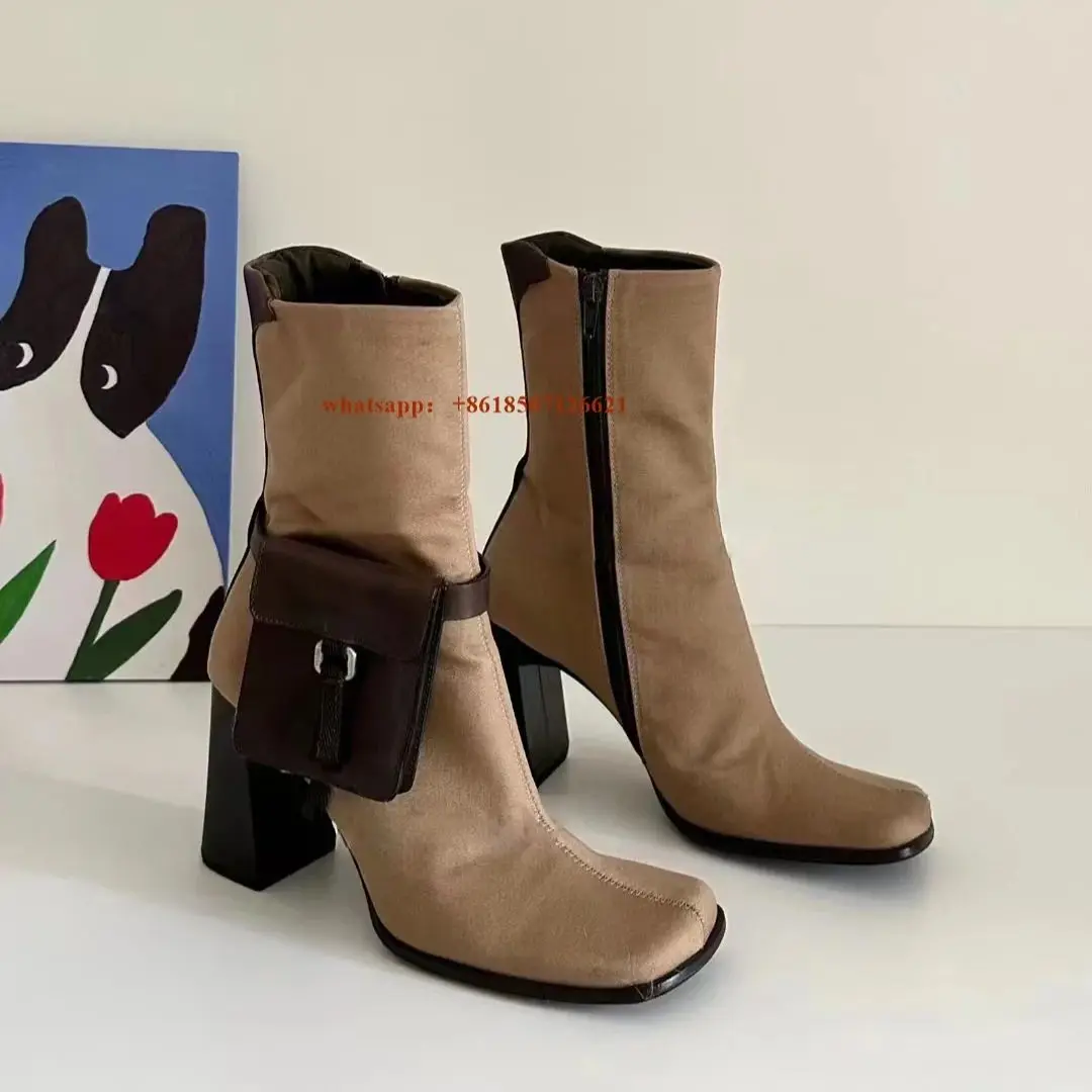 

High-Heeled Short Boots For Women Thick Heel New Square Toe Suede Pocket Decorated Mid-Calf Boots