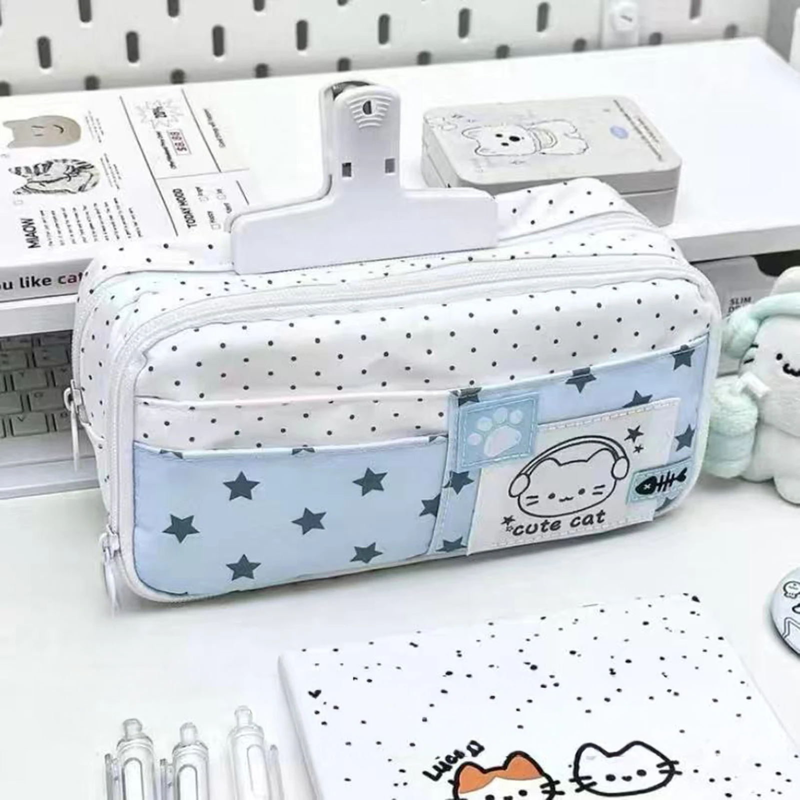 고밀도 나일론 연필 케이스, 고양이 물방울 무늬 프린트, 다층 정리함, 학생 소녀들을 위한 대용량 펜 파우치