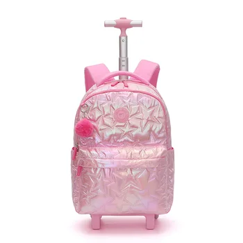 Wheel School Bag Set 18 Inch Student Roll Up Backpack Three 3 Package Pencil Case with Fur Ball Pendant Stylish Lightweight 1