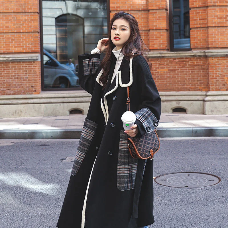 Temperament Black Stitching Tweed 2022 Autumn And Winter New Korean Version Loose Thickened Medium And Long Woolen Coat Women