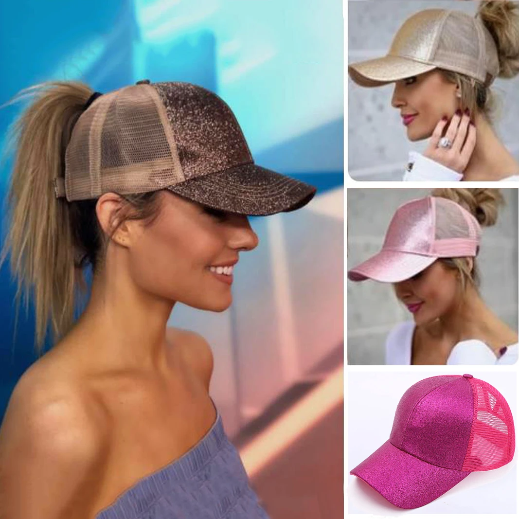 Ponytail Baseball Cap for Women Shiny Glitter Sequins Woman Summer Cap