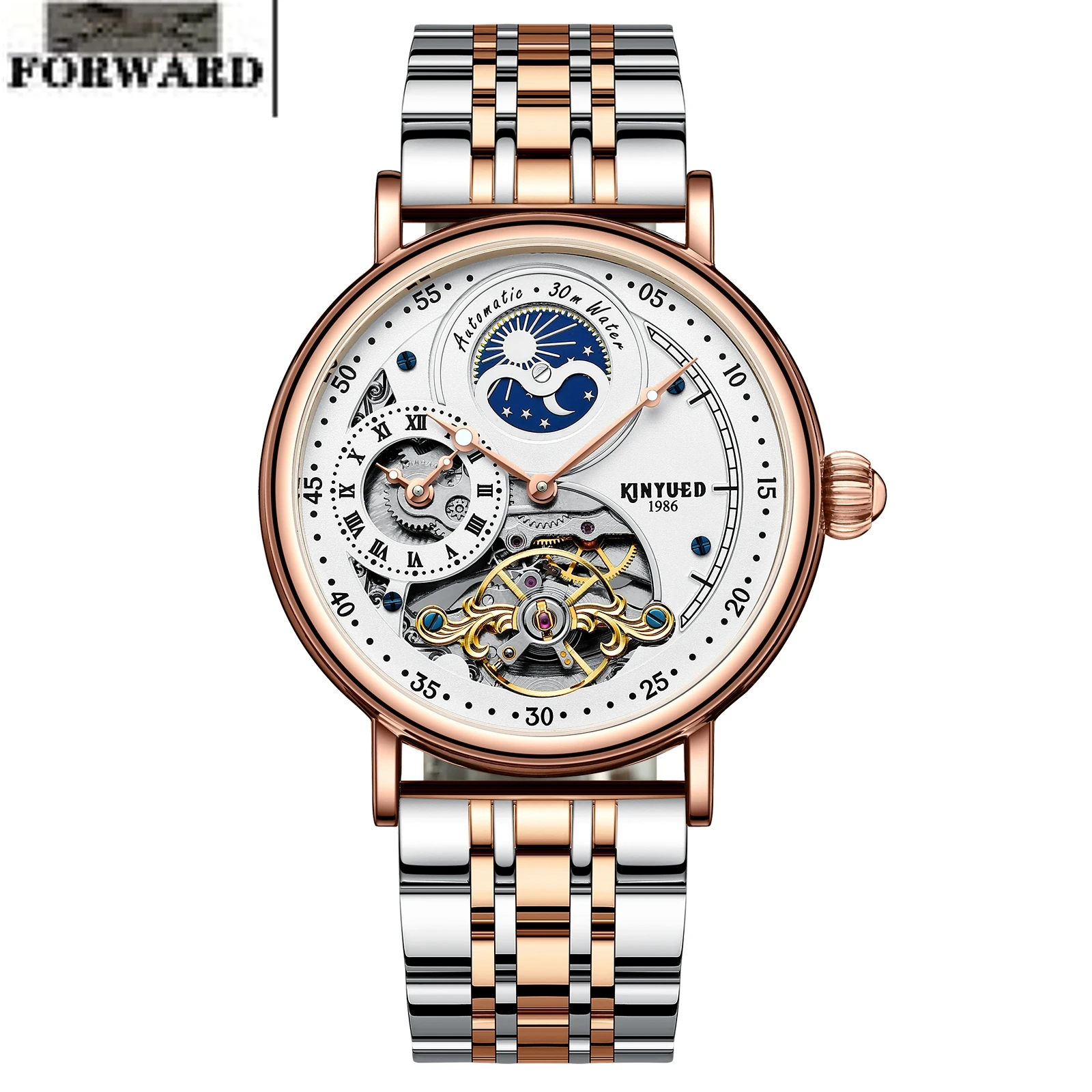 FORWARD Double-sided hollow Tourbillon luminous moon phase Man watch  GMT waterproof automatic when two places Men's watches