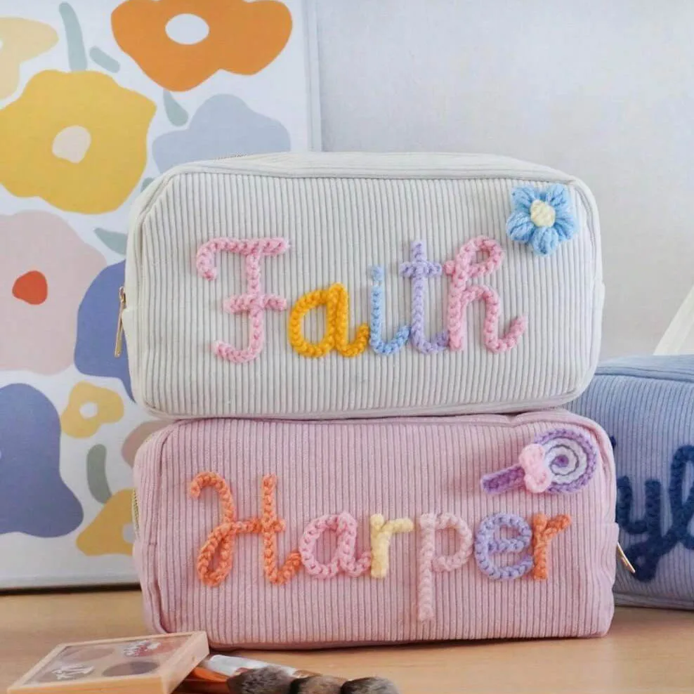 Personalized Yarn Name Makeup Custom X-Large Corduroy Travel Toiletry Bags, Handmade Cosmetic Bag, Gift Pouch, Girls B_voghion.com