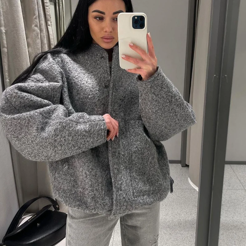 Women's Jackets With Buttons Bombers Grey Long Sleeve Coat Lady Warm With Pockets Outwear Jackets 2023 Spring Winter New