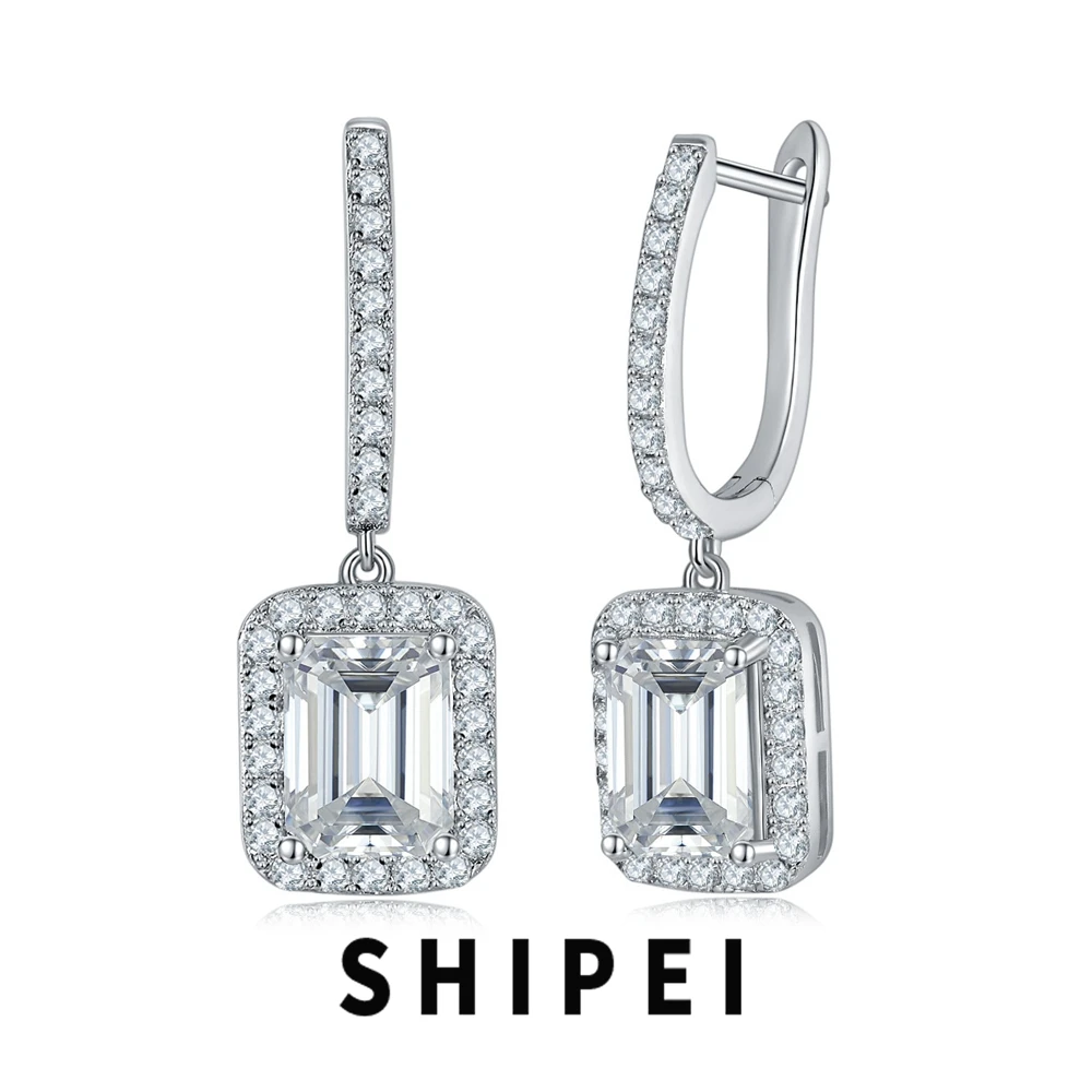 

SHIPEI 4CT Emerald Cut D Moissanite Diamond Drop Dangle Earrings Wedding Fine Jewelry 100% 925 Sterling Silver Anniversary Gift