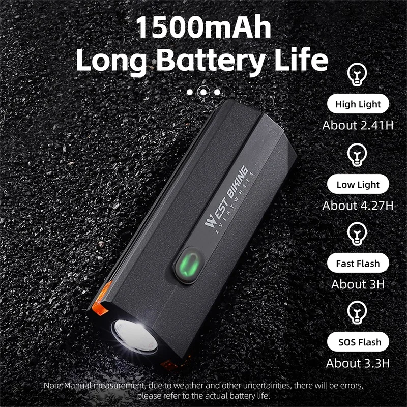 WEST BIKING Bicycle Light 1500mAh Road Bike Front Headlight Lamp Flashlight LED Cycling Safety Lighting MTB Bike Accessories