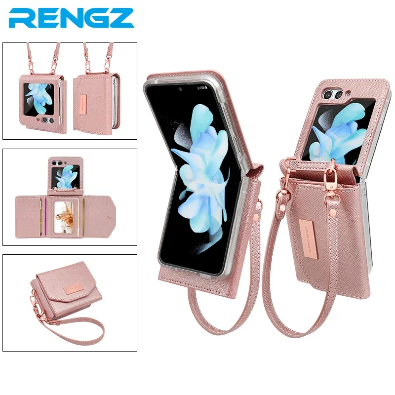 RENGZ 랜야드 홀스터 카드 케이스, 삼성 갤럭시 Z 플립 5 4 3 5G 케이스, Z 플립 4 플립 5 용 핸드헬드 손목 지갑 커버