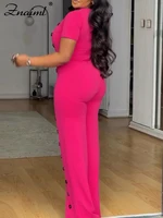 Znaiml Women Elegant Long Jumpsuits for Party Summer Short Sleeve Buttons Solid Color Wide Leg Pants Rompers One Pieces Overalls - Image 2
