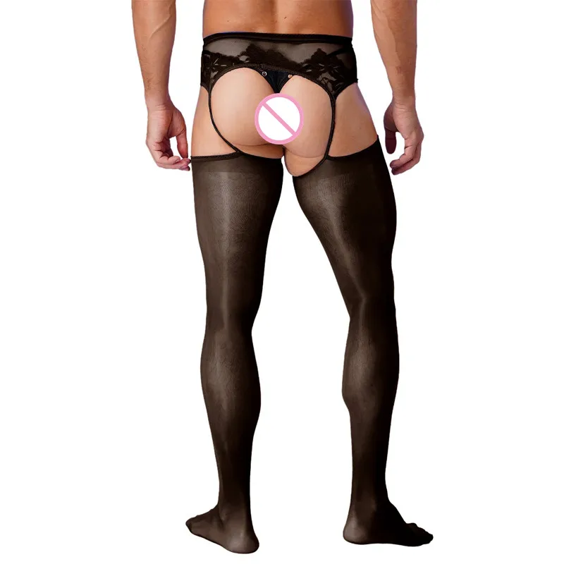 Mens Ultra Thin Mesh Leggings Gays Pantyhose Floral Lace See Through Underpants Garter Stockings for Night Dating Wear men underwear
